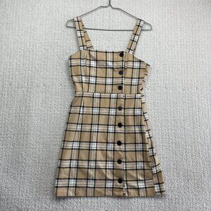 H&M Divided Mini Dress Light Brown / Tan Button Down Plaid Check Women Sz 2